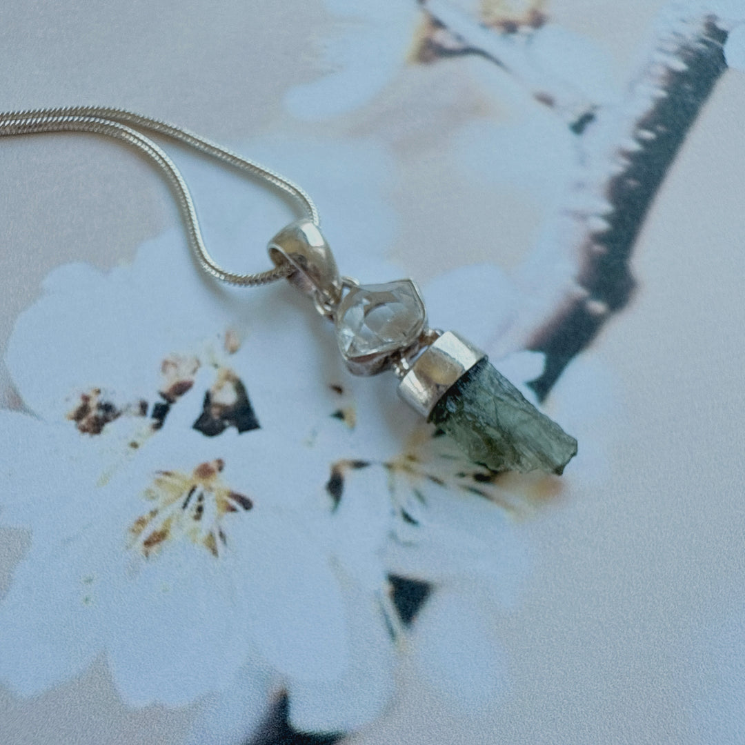 MOLDAVITE & HERKEMIR DIAMOND PENDANT