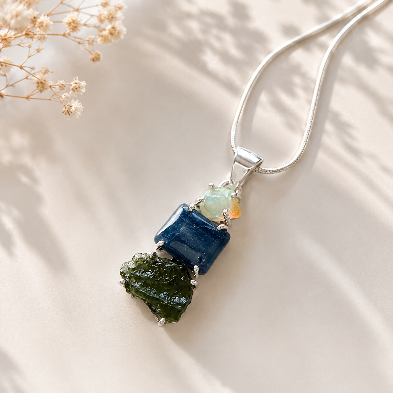 Moldavite, Tanzanite & Ethiopian Opal Pendant