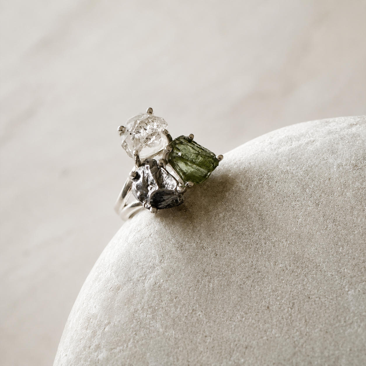 Moldavite, Herkimer Diamond & Meteorite Campo del Cielo Ring
