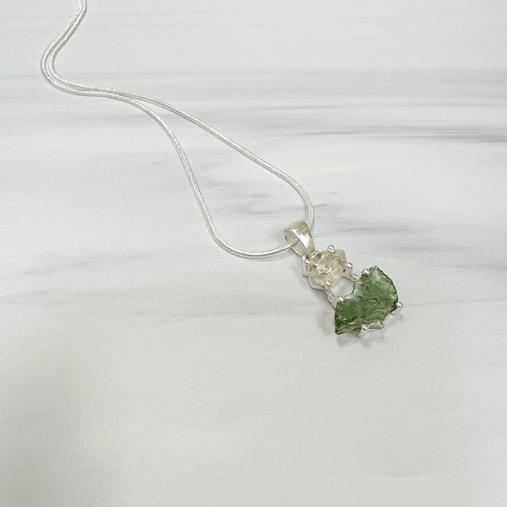 MOLDAVITE & HERKEMIER DIAMOND PENDANT