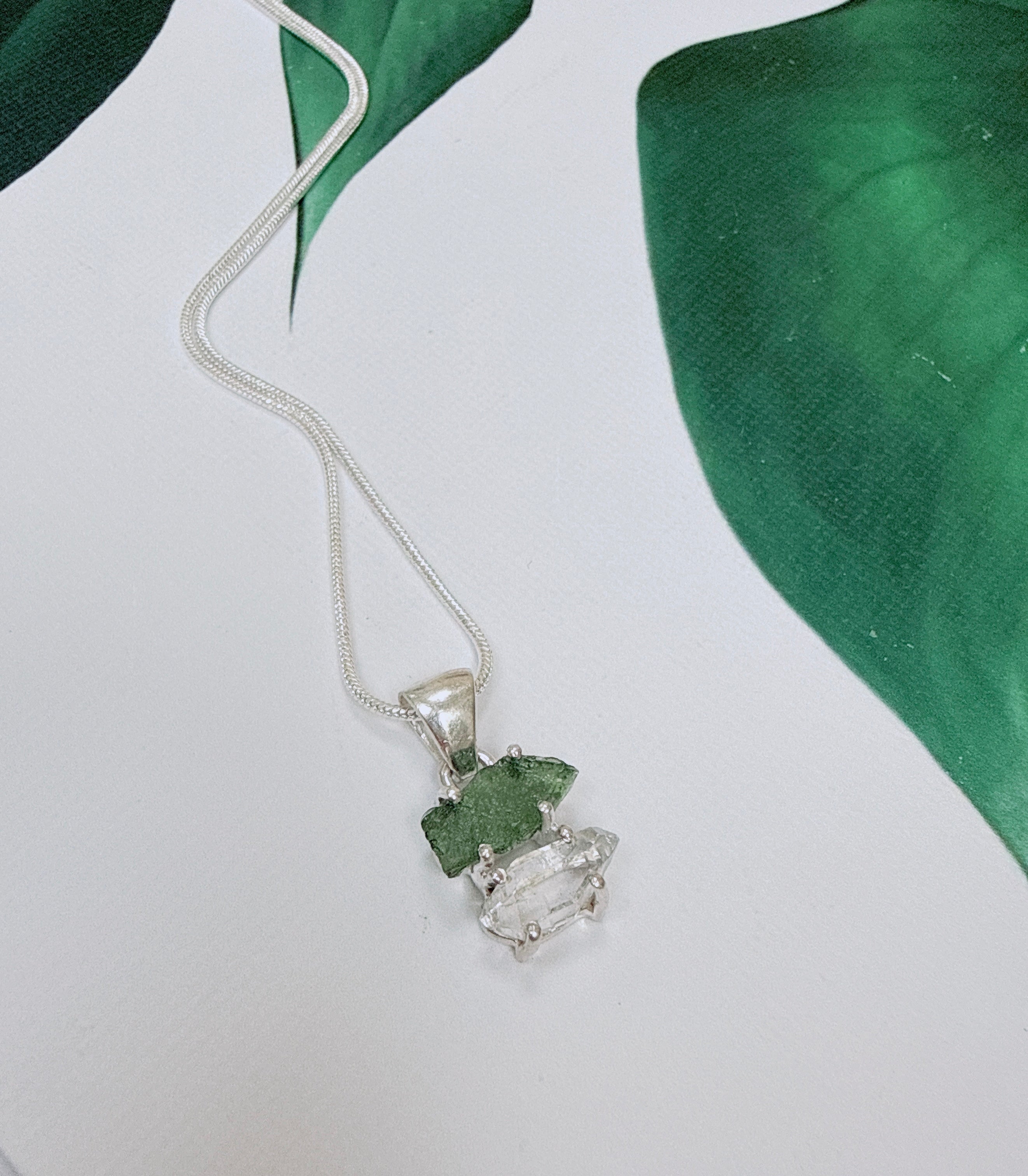 Moldavite with Herkimer Diamond Pendant