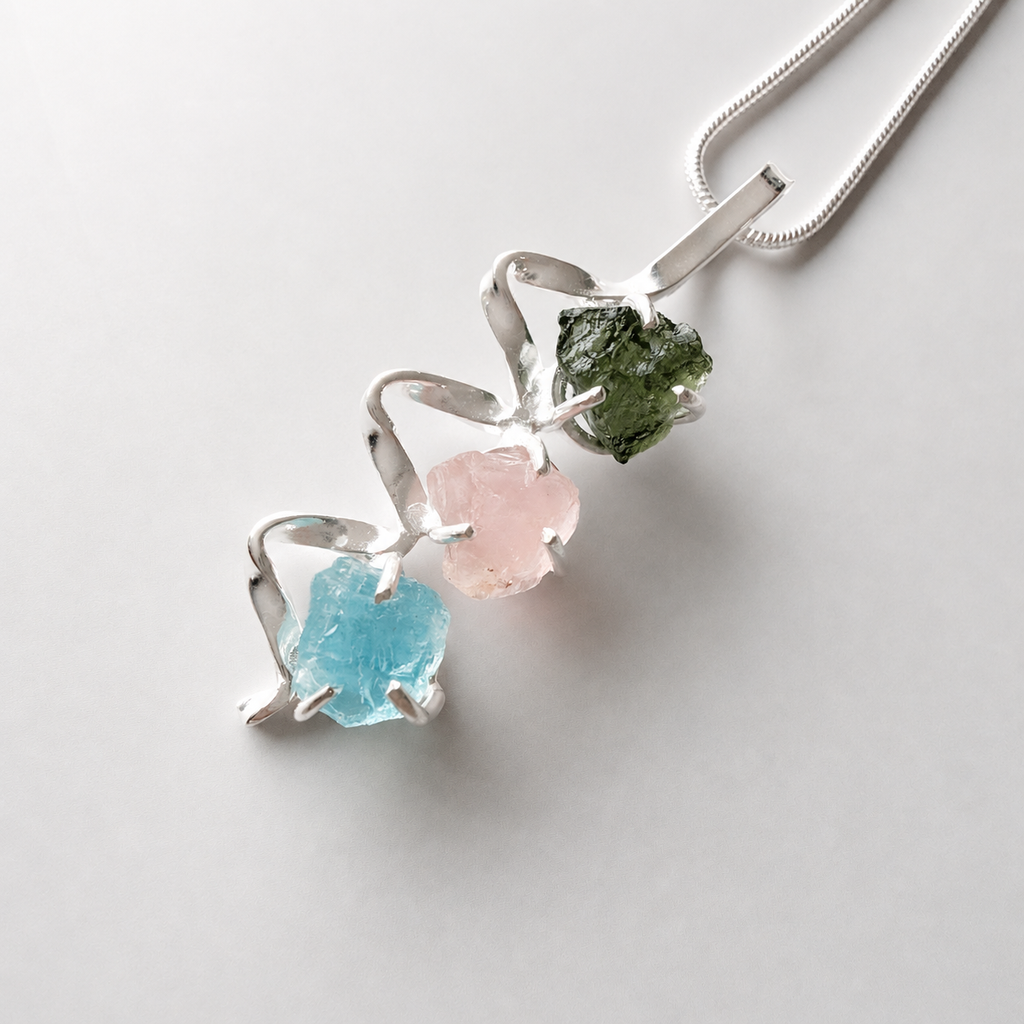 Designer – Moldavite, Rose Quartz & Aquamarine Pendant