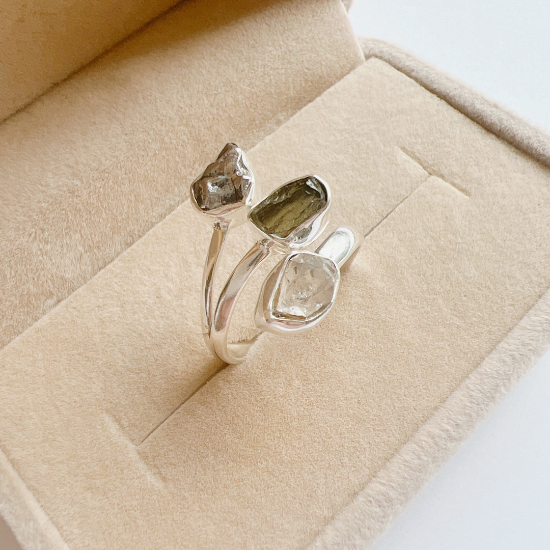 MOLDAVITE, HERKIMER DIAMOND & CAMPO DEL CIELO RING