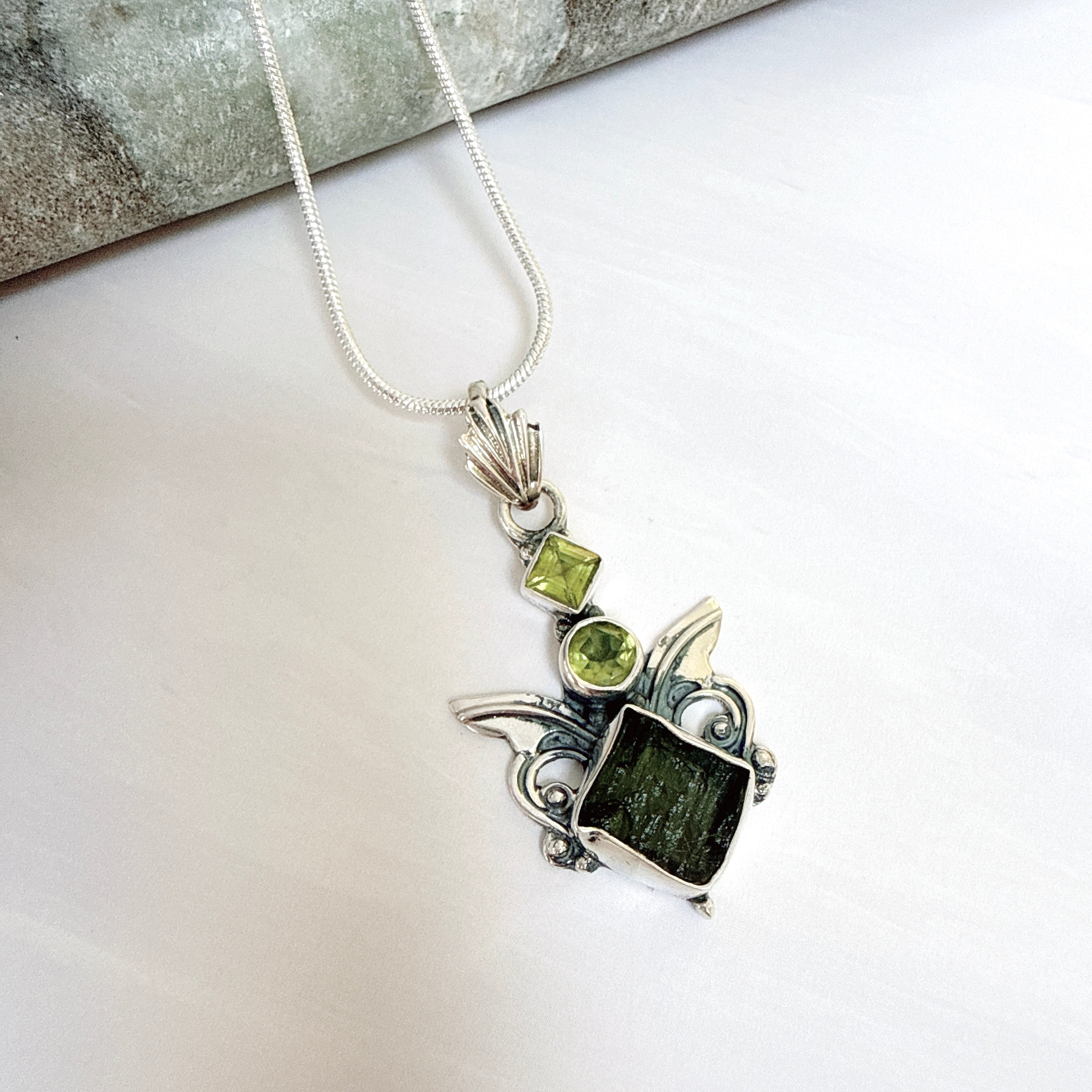 Moldavite & Peridot Faceted Pendant