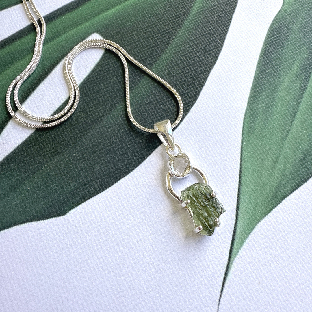 MOLDAVITE & HERKEMIER DIAMOND PENDANT