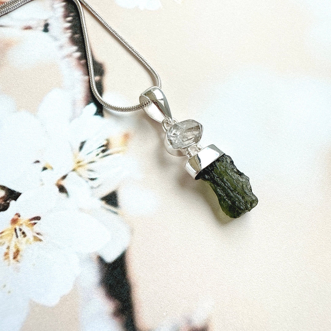 MOLDAVITE & HERKEMIR DIAMOND PENDANT