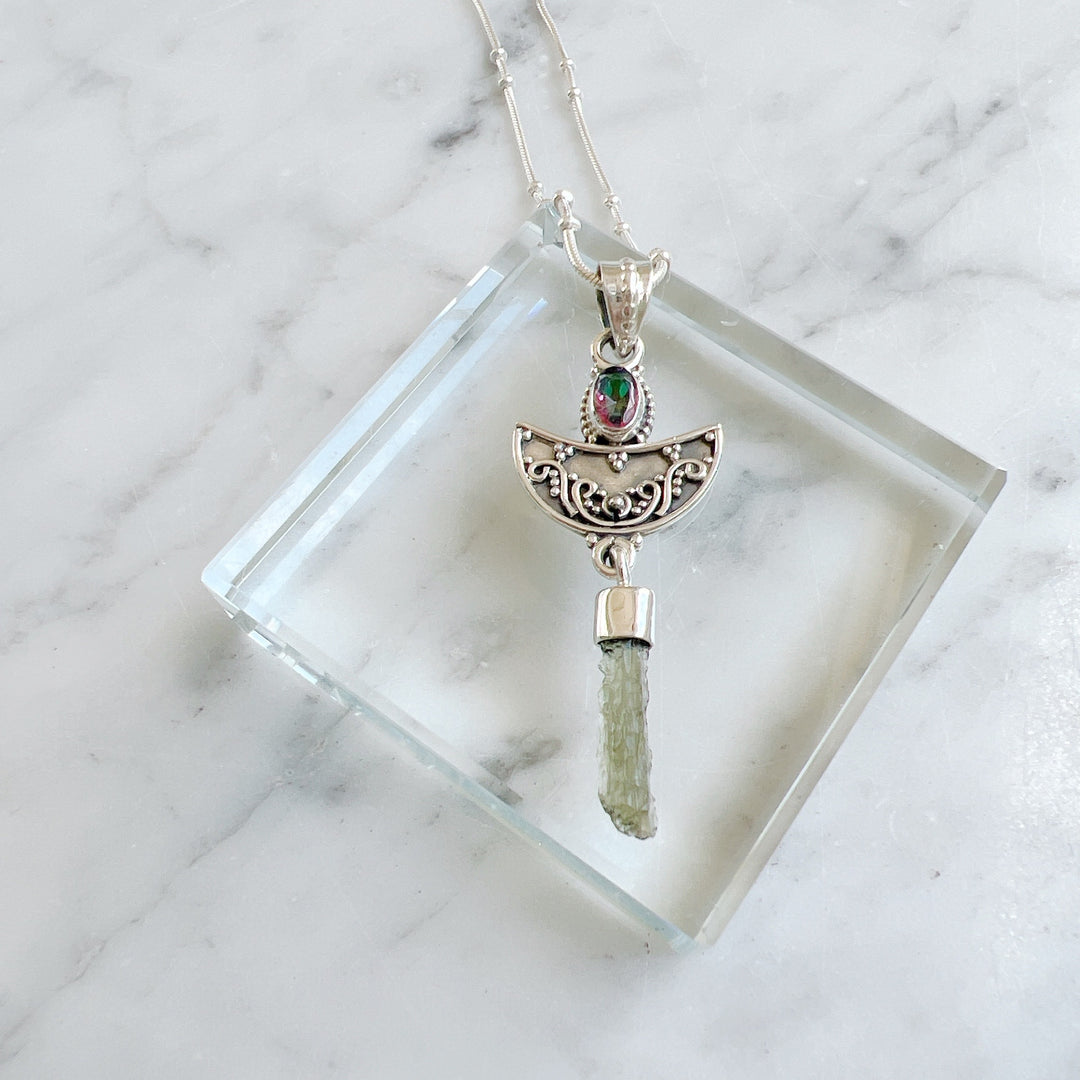 Moldavite & Rainbow Quartz Pendant