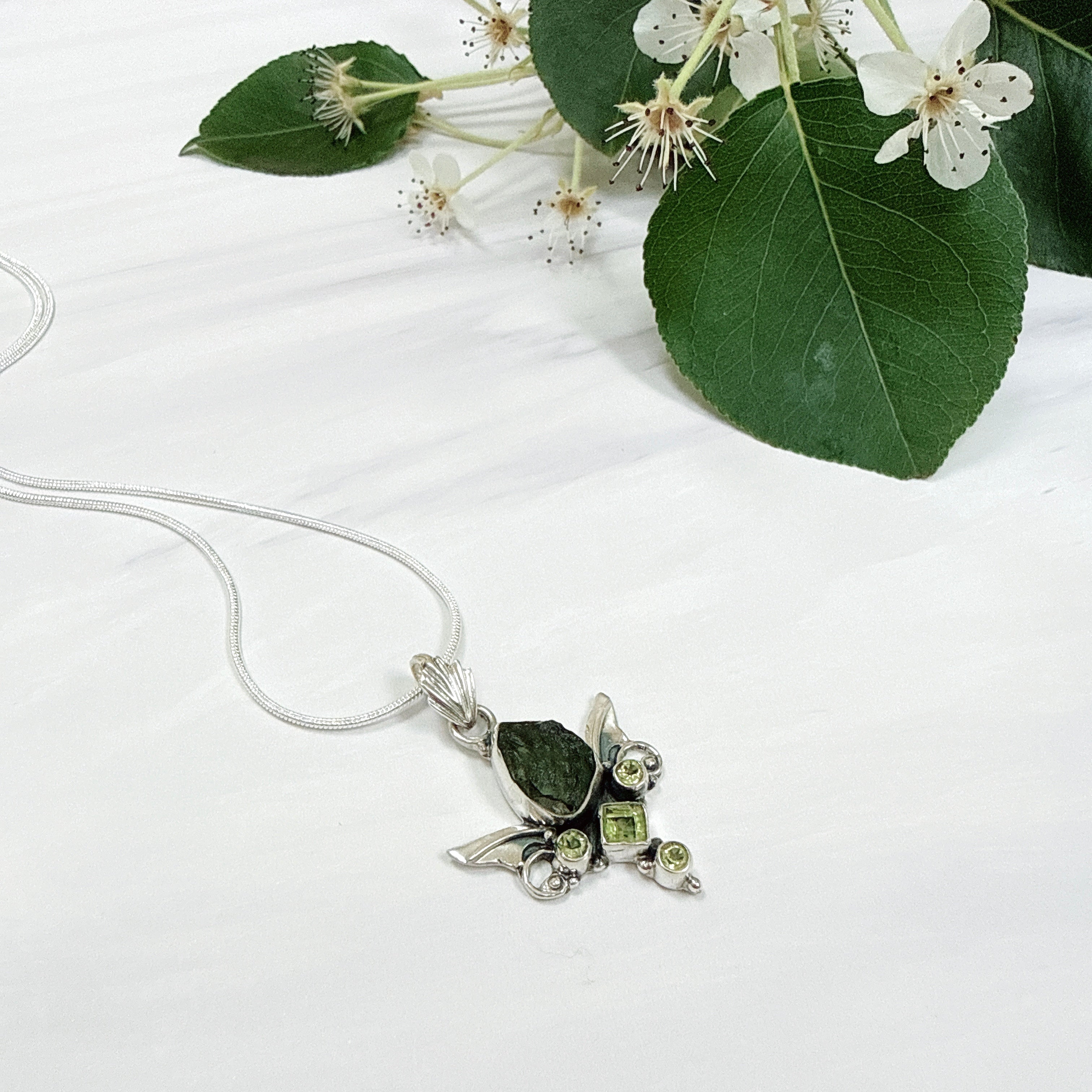 Moldavite & Peridot Faceted Pendant