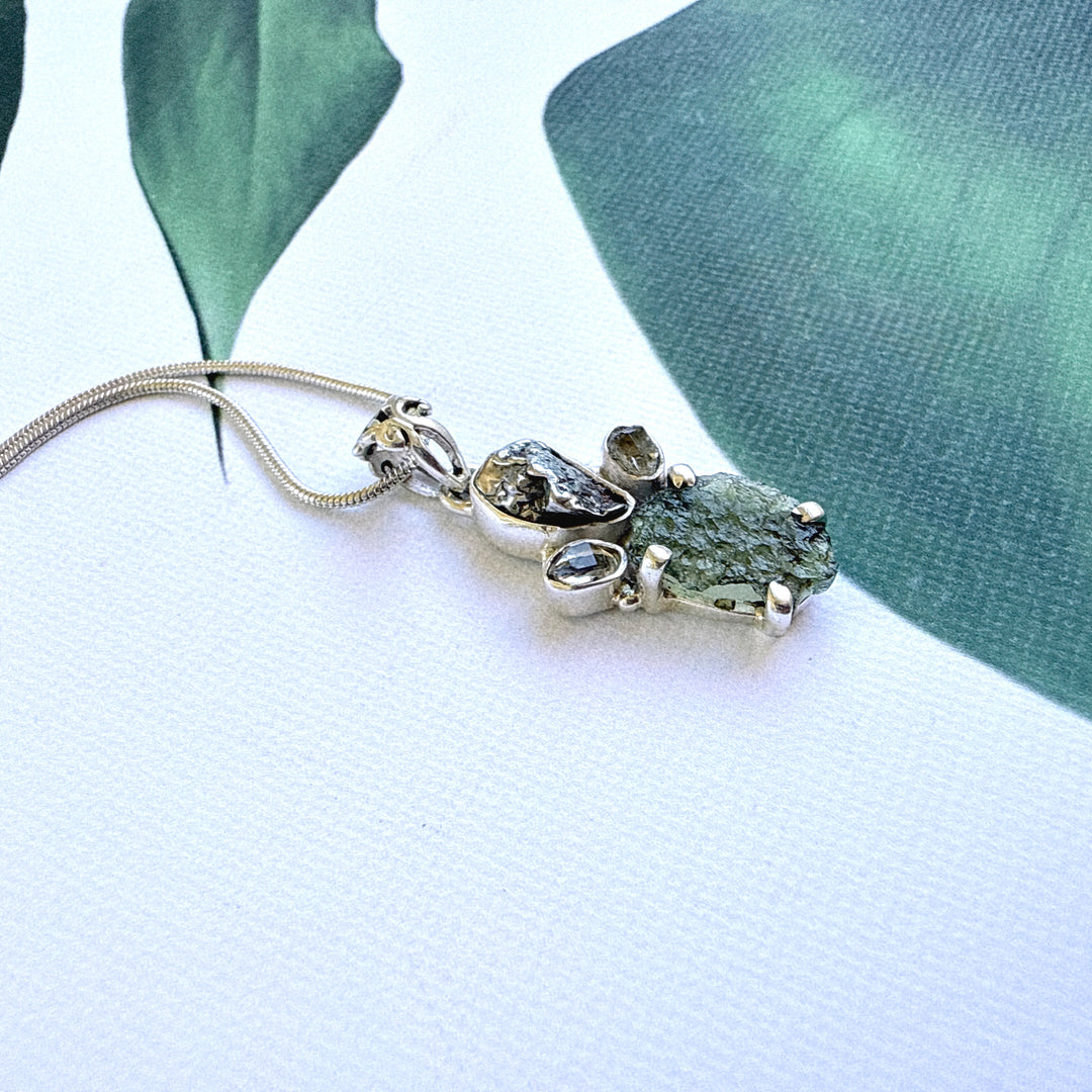 MOLDAVITE, HERKIMER DIAMOND, METEORITE CAMPO DEL CIELO PENDANT