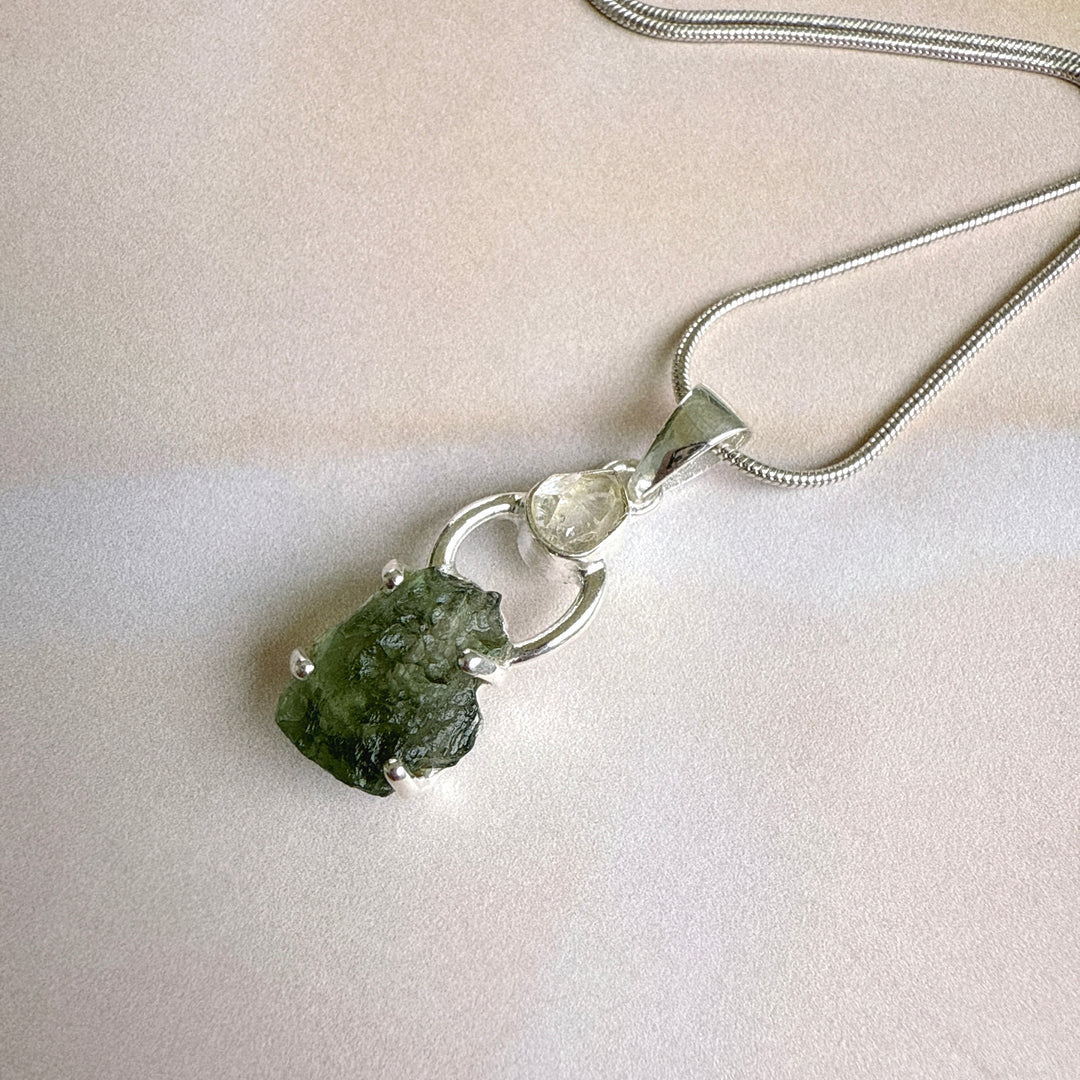 Moldavite & Herkimer Pendant