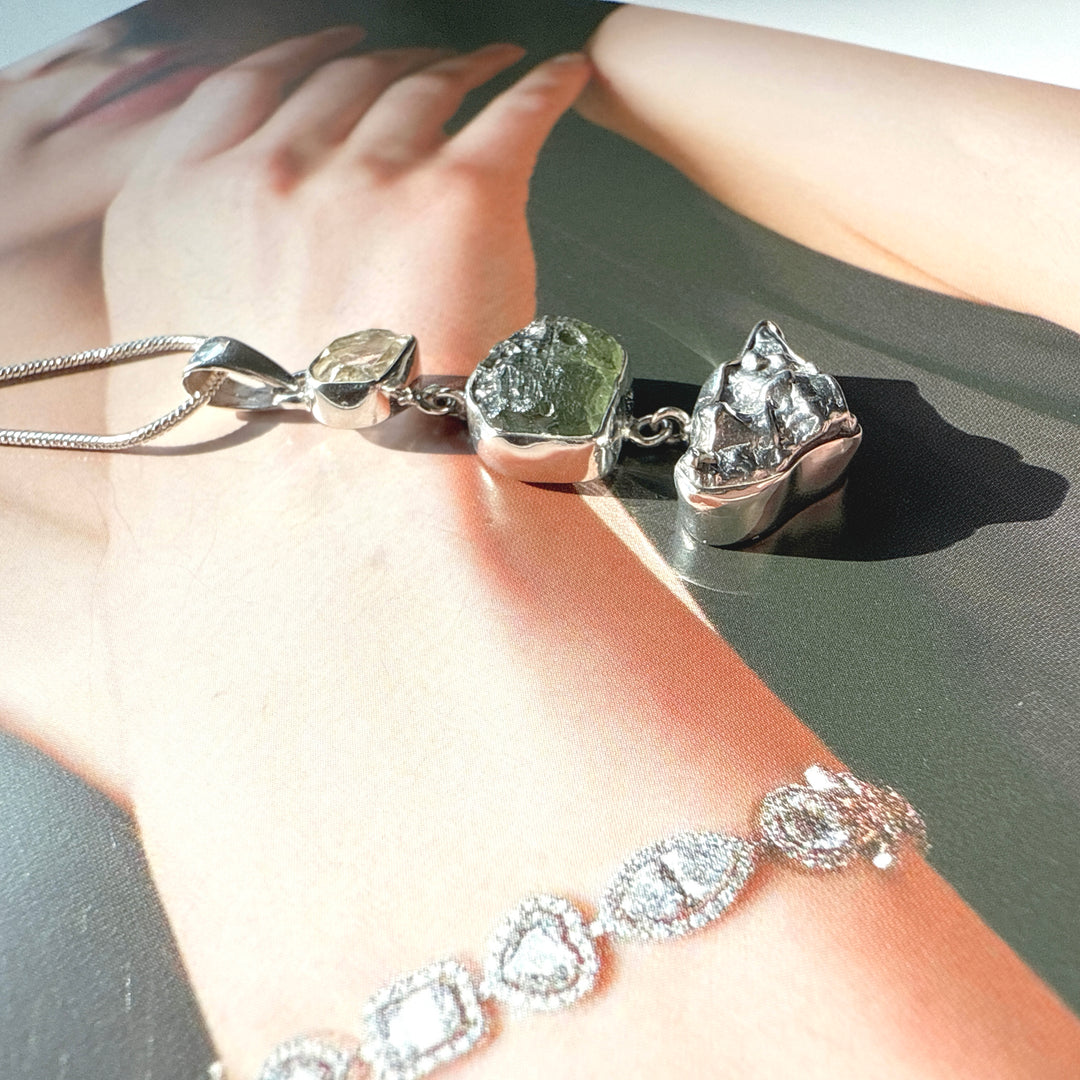 Moldavite, Herkimer Diamond & Campo del Cielo Meteorite Pendant