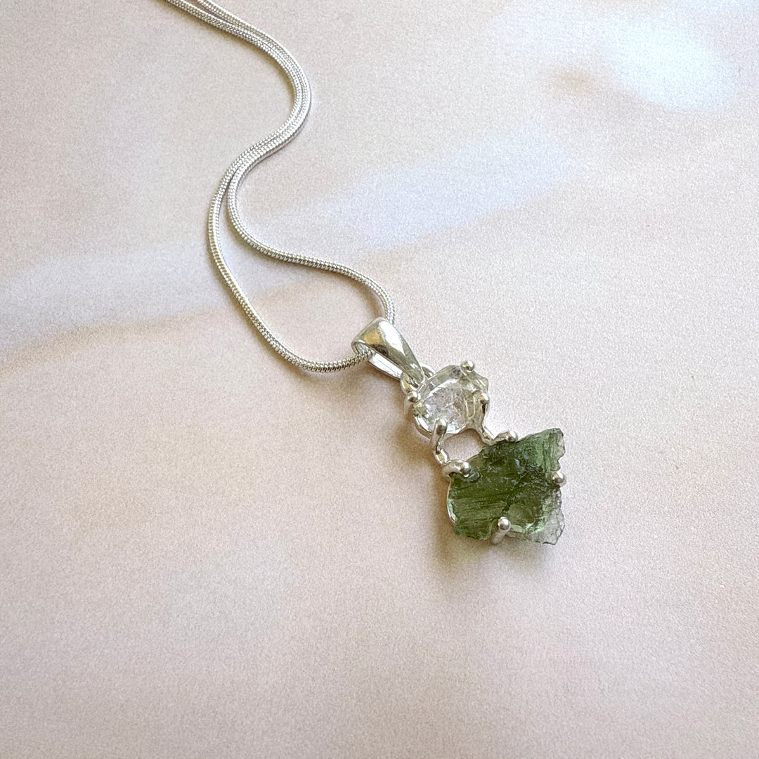 MOLDAVITE & HERKEMIER DIAMOND PENDANT