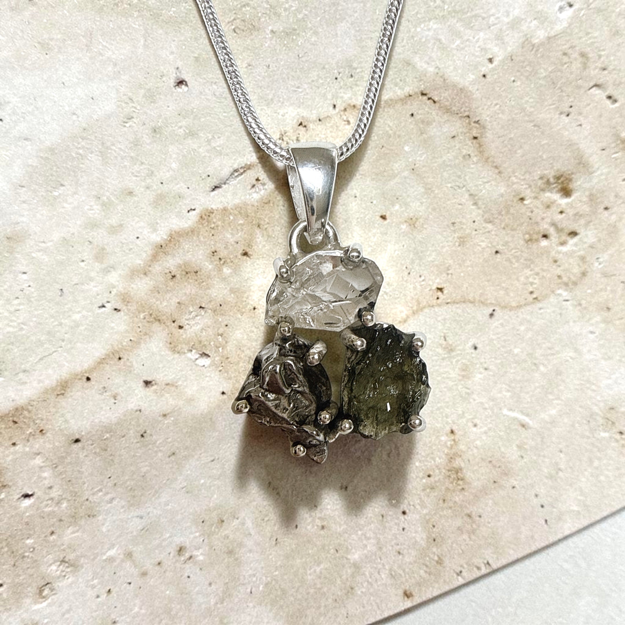 Moldavite, Herkimer Diamond & Campo del Cielo Meteorite Pendant