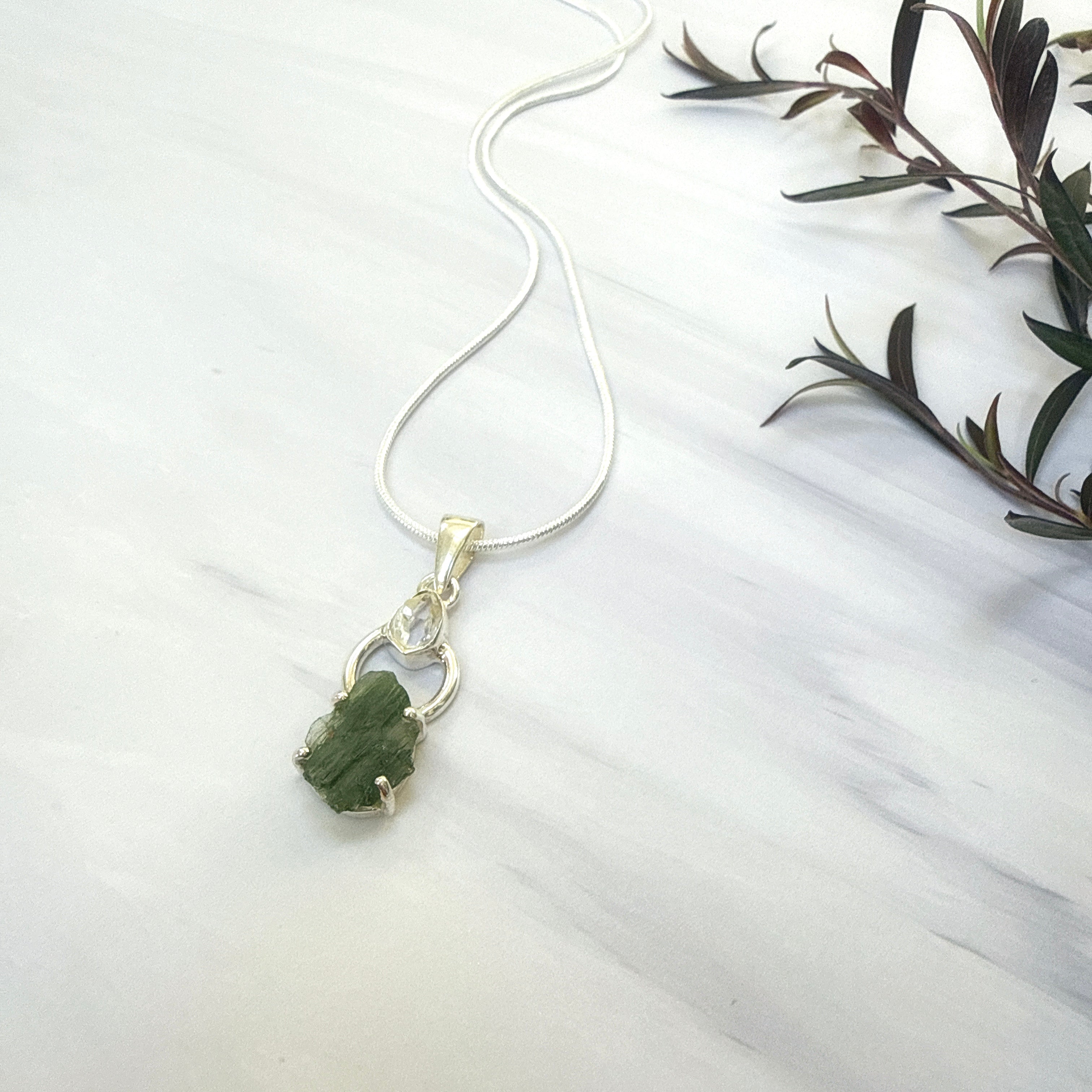 Moldavite with Herkimer Diamond Pendant