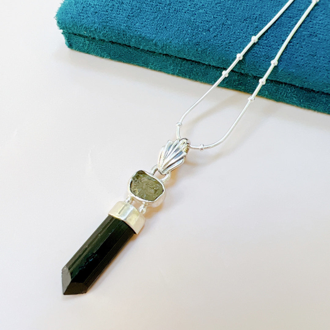 MOLDAVITE & BLACK TOURMALINE PENDANT