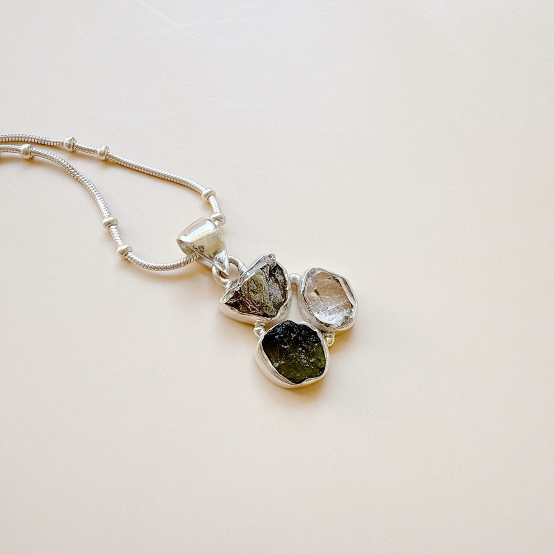 MOLDAVITE, HERKEMIR DIAMOND AND CAMPO DEL CIELO PENDANT