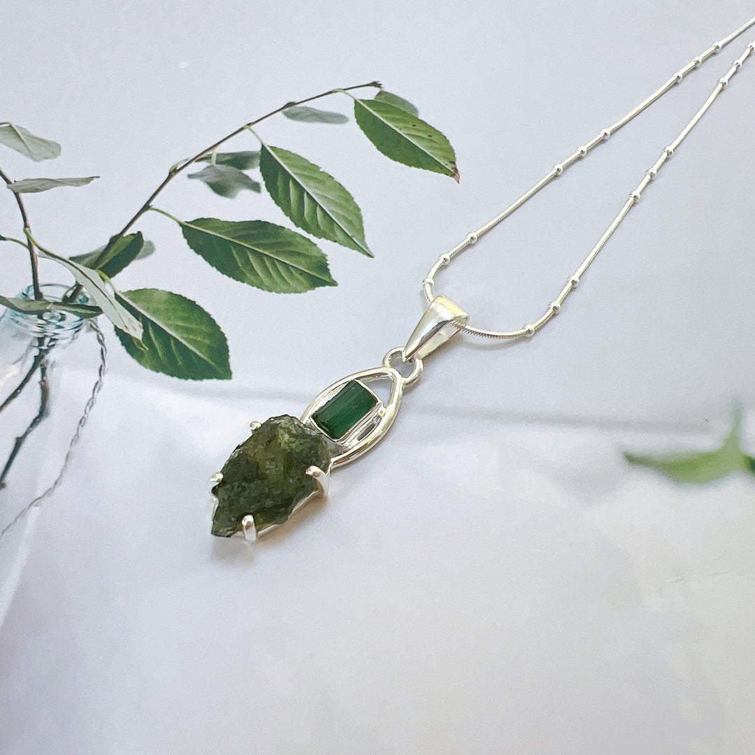 Moldavite & Green Tourmaline Pendant