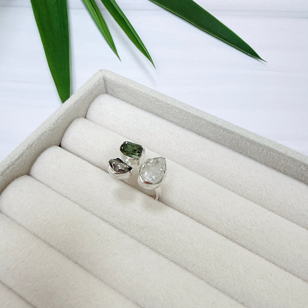 Moldavite, Herkimer Diamond & Meteorite Campo del Cielo Ring