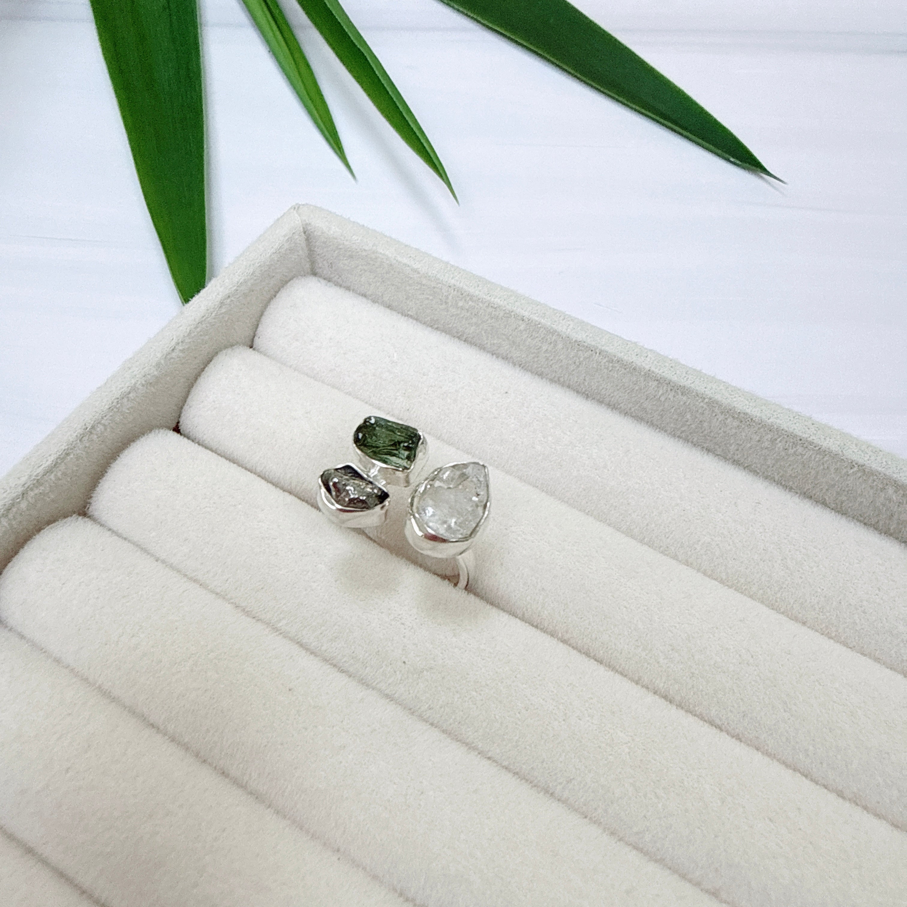 Moldavite, Herkimer Diamond & Meteorite Campo del Cielo Ring
