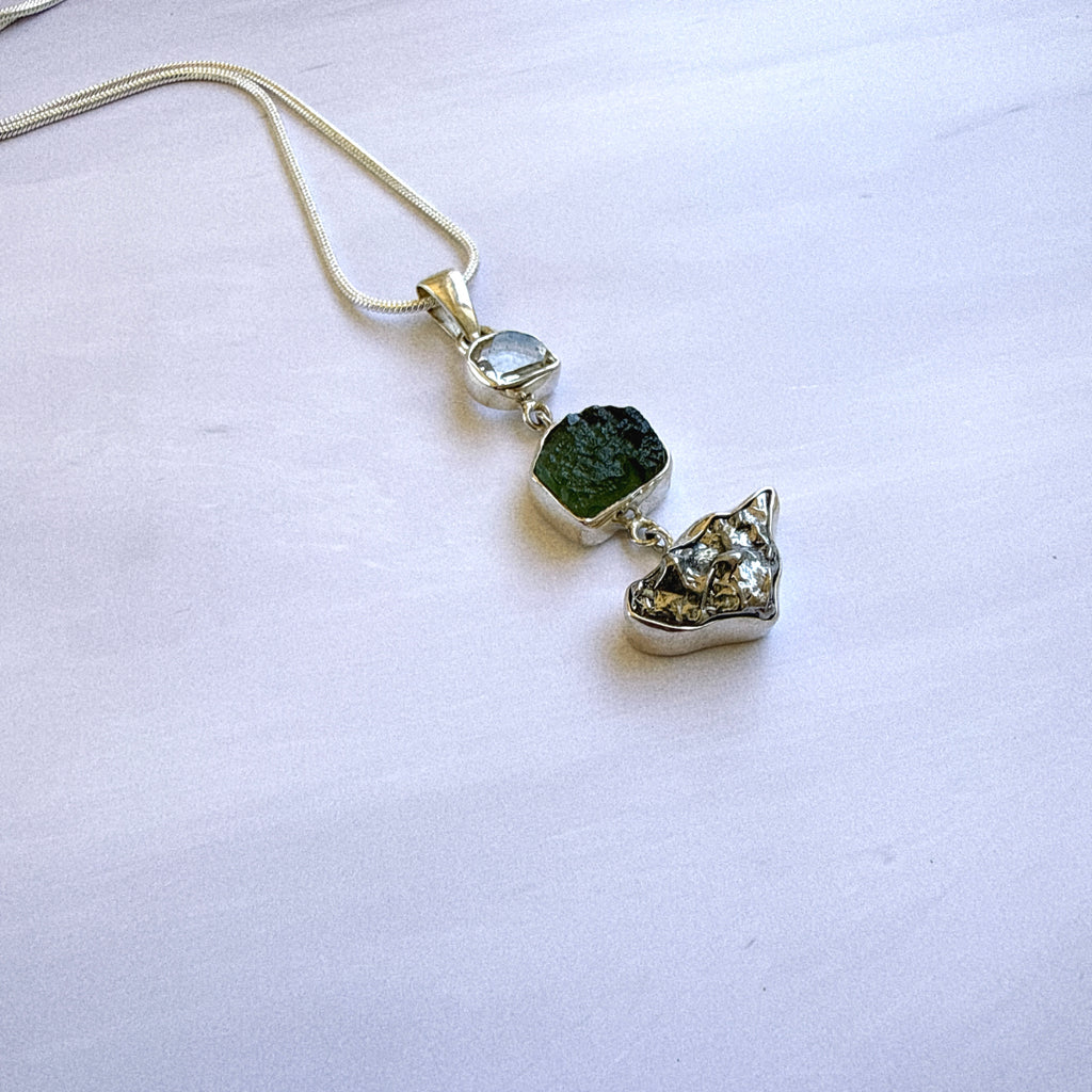 Moldavite, Herkimer Diamond & Campo del Cielo Meteorite Pendant