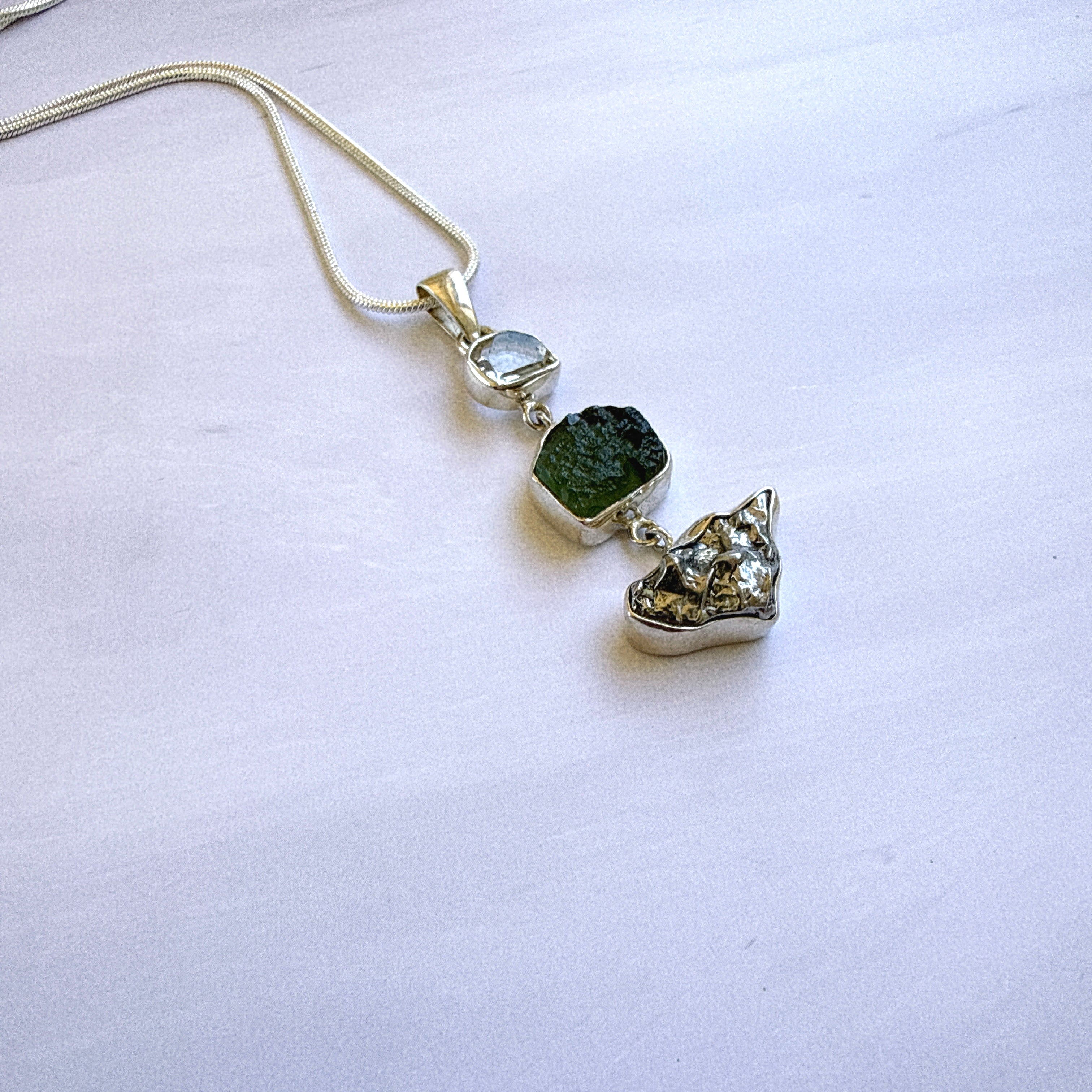 Moldavite, Herkimer Diamond & Campo del Cielo Meteorite Pendant
