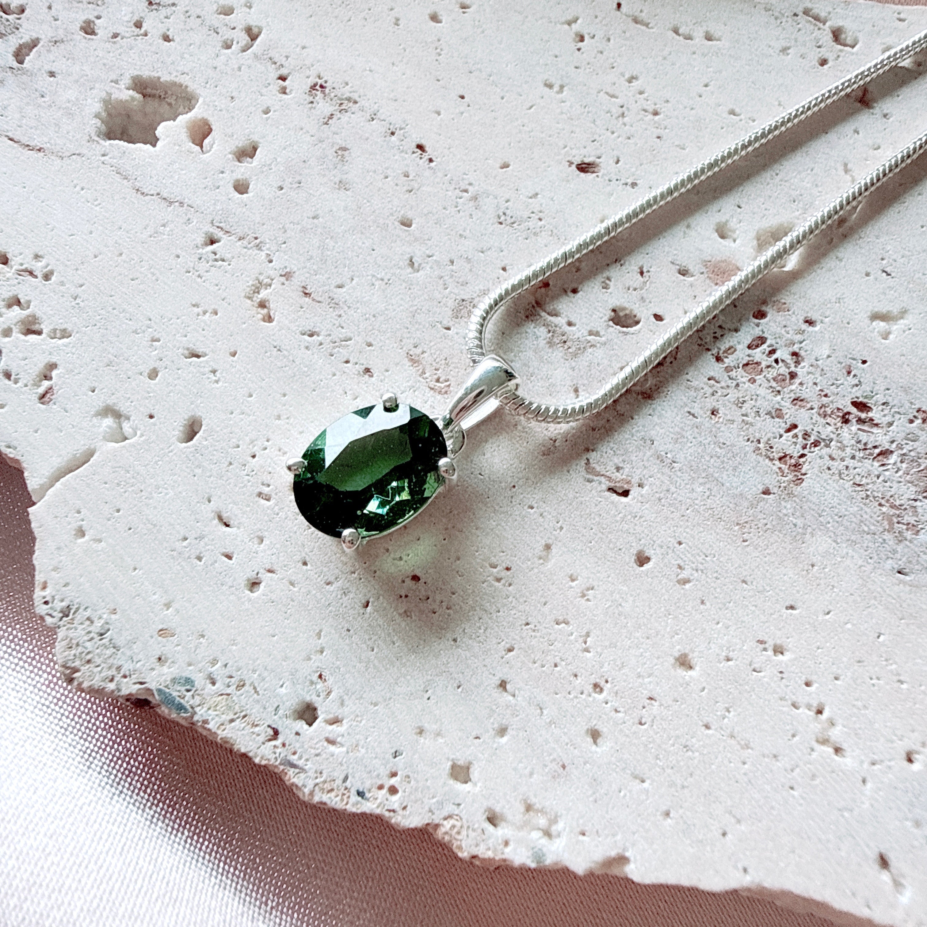 Moldavite Faceted Silver Pendant