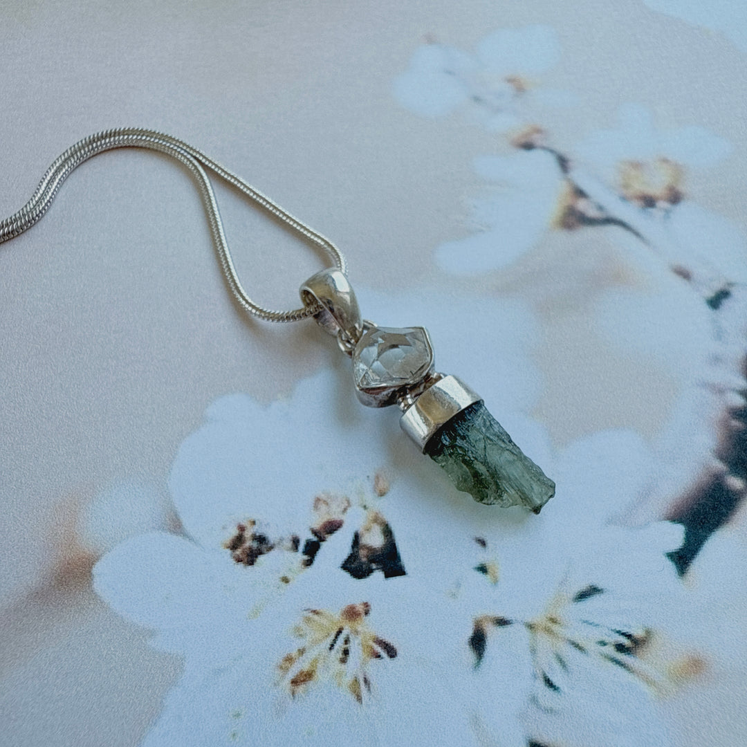 MOLDAVITE & HERKEMIR DIAMOND PENDANT