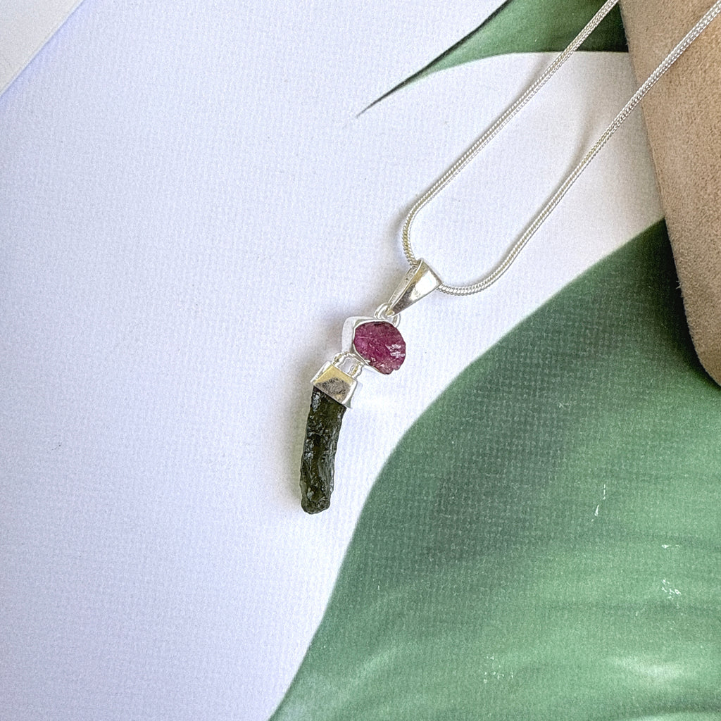 Moldavite & Pink Tourmaline Pendant
