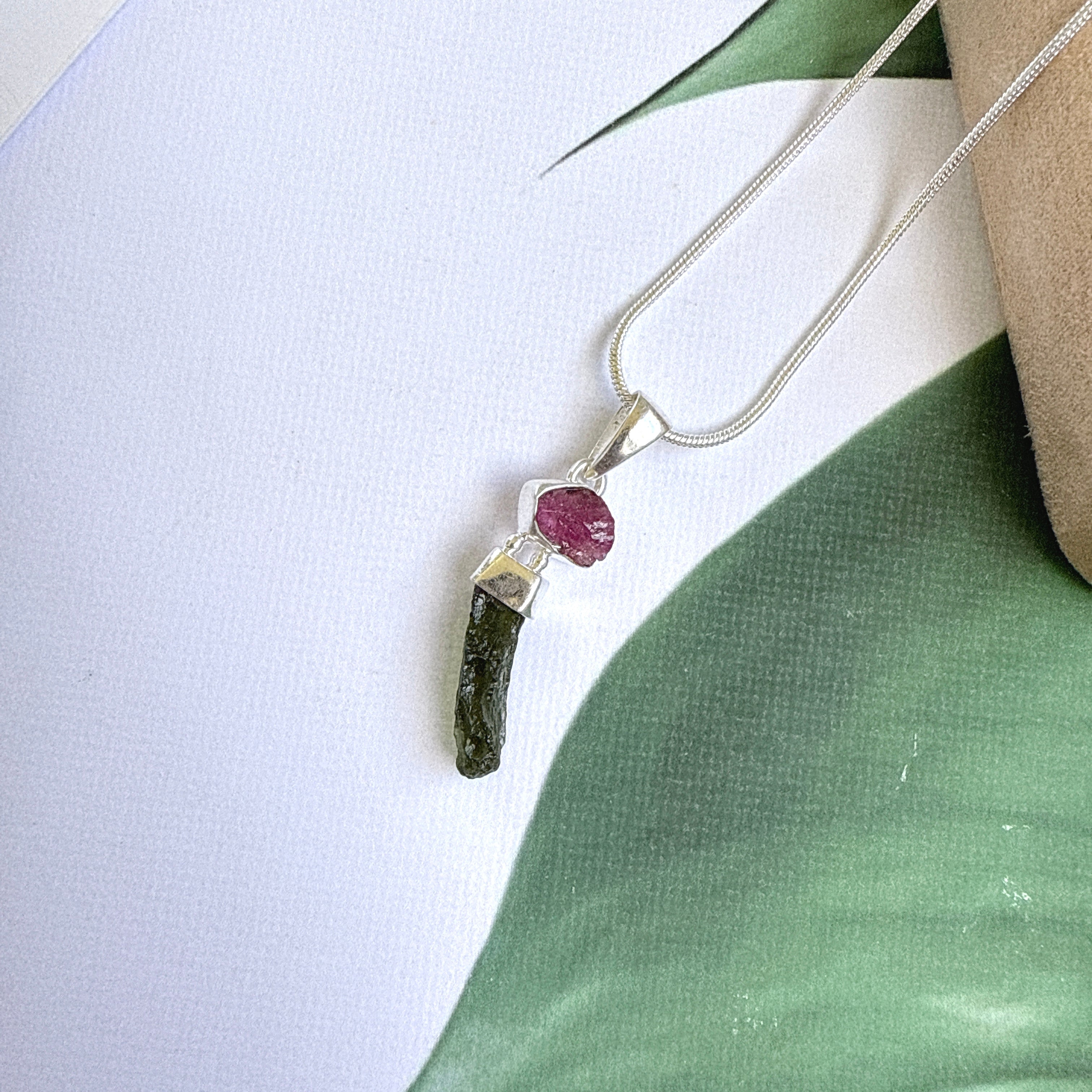 Moldavite & Pink Tourmaline Pendant