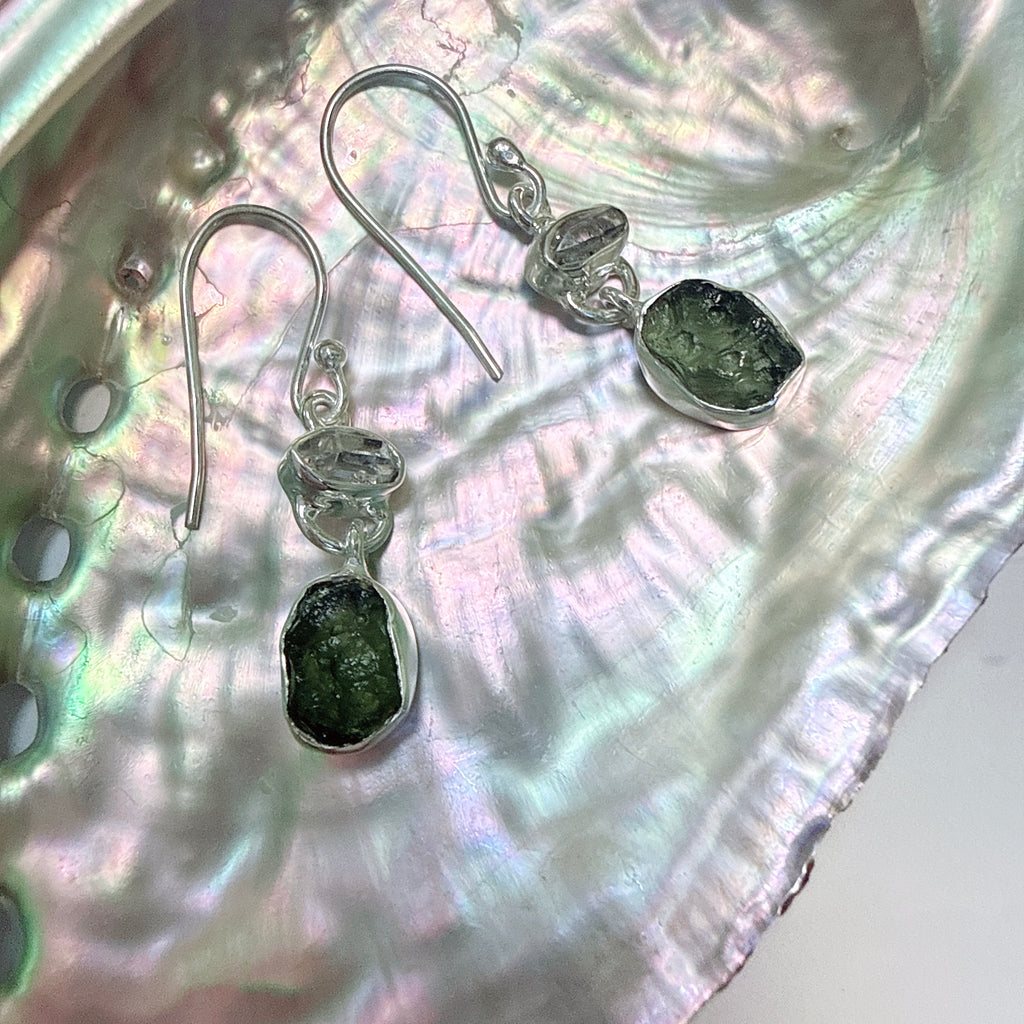 Moldavite & Herkimer Diamond Earrings