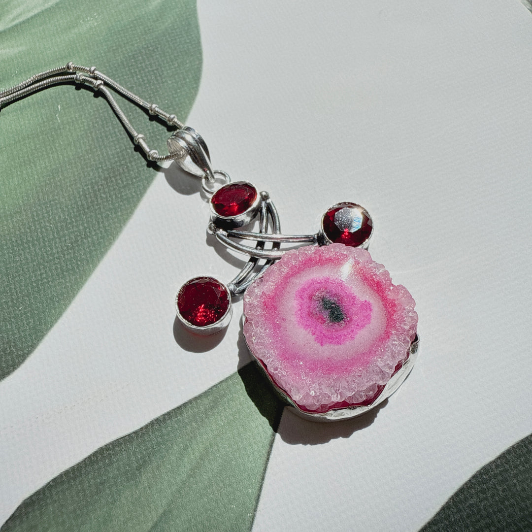 Pink Solar Quartz & Garnet Pendant