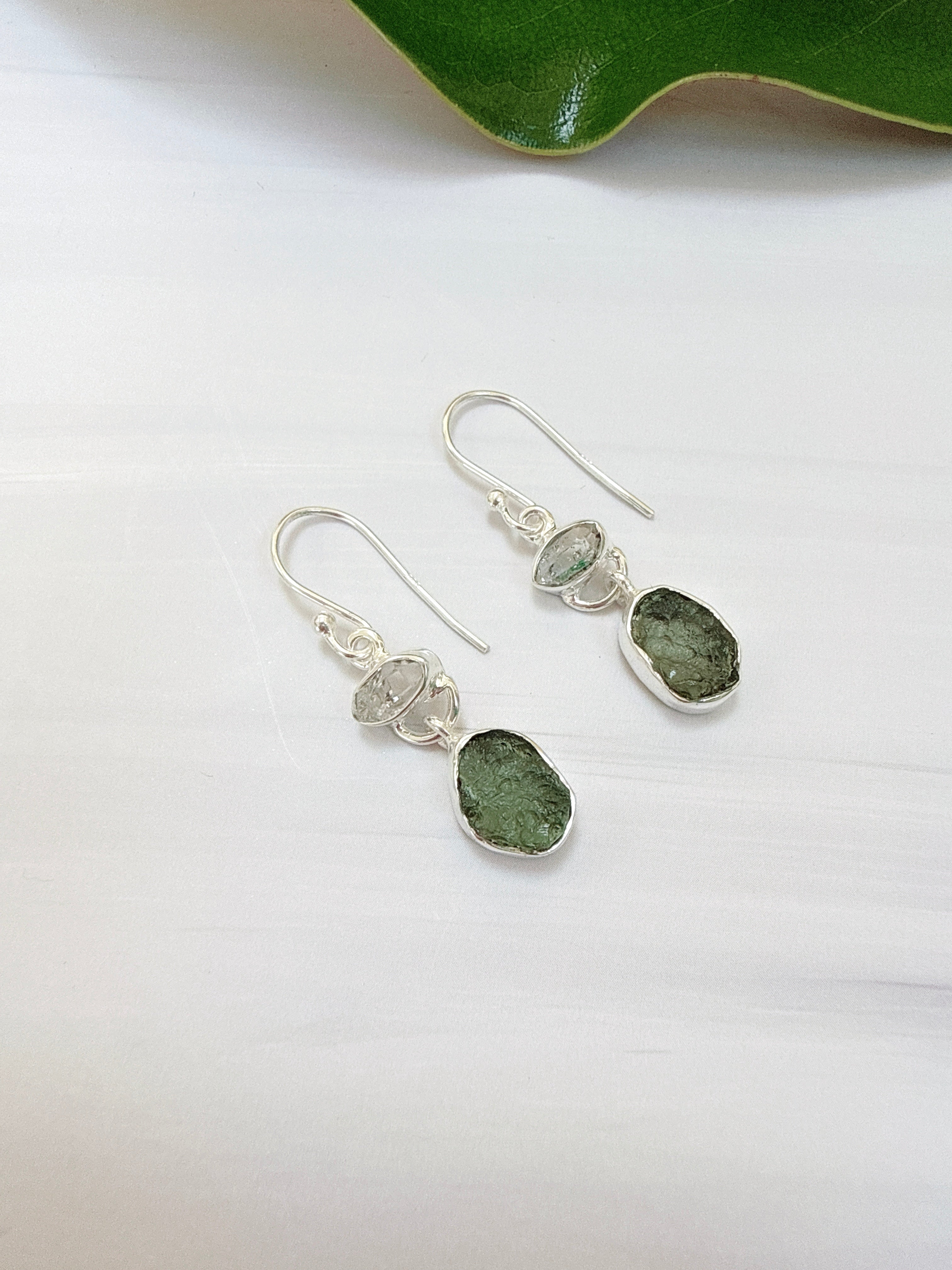 Moldavite & Herkimer Diamond Earrings