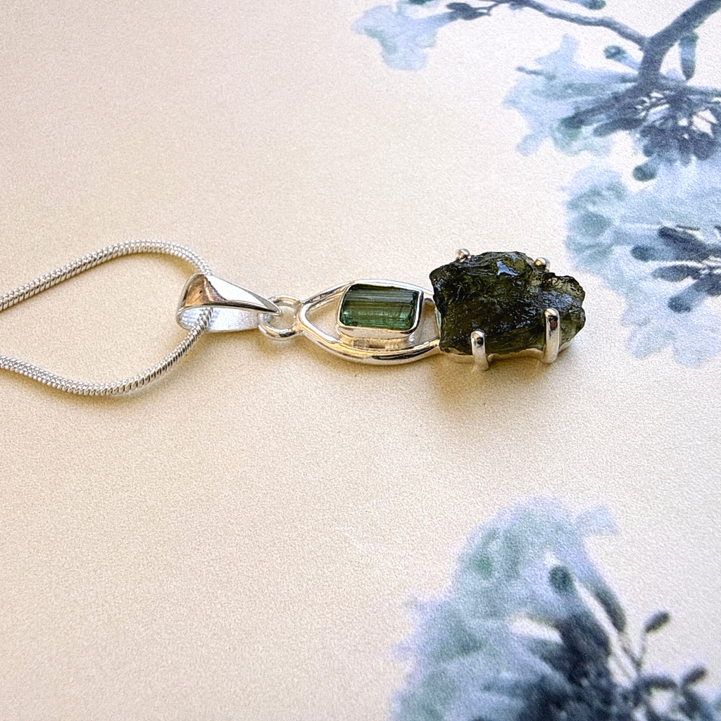 Moldavite & Green Tourmaline Pendant