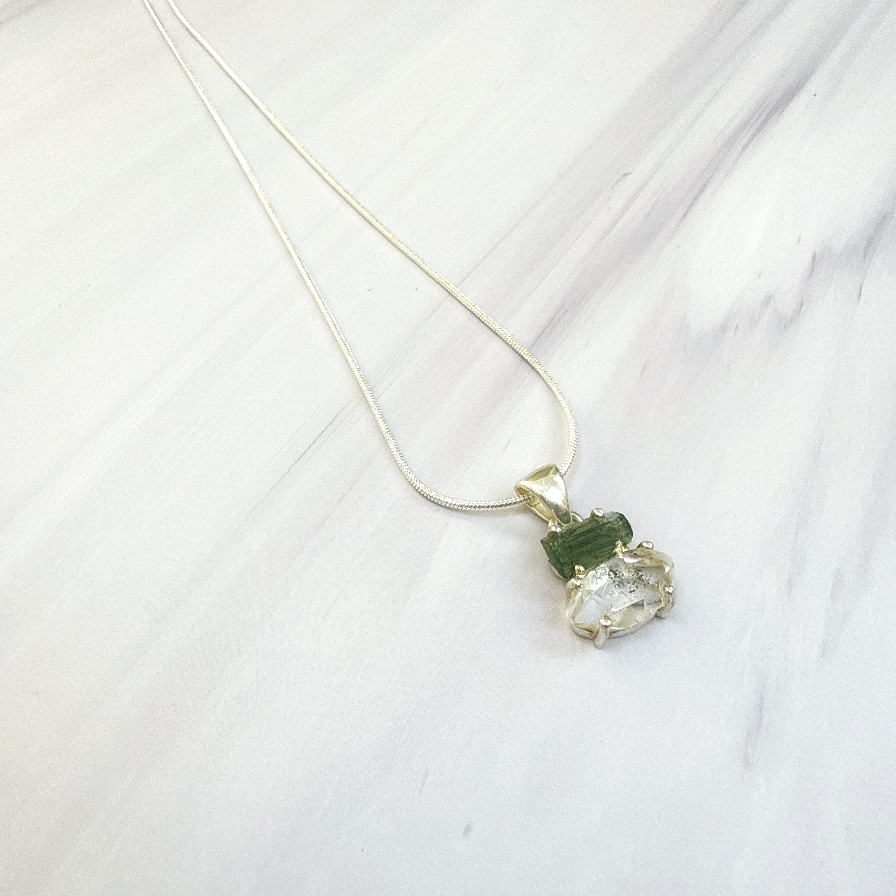 Moldavite with Herkimer Diamond Pendant