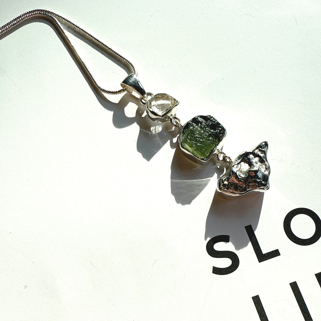 Moldavite, Herkimer Diamond & Campo del Cielo Meteorite Pendant
