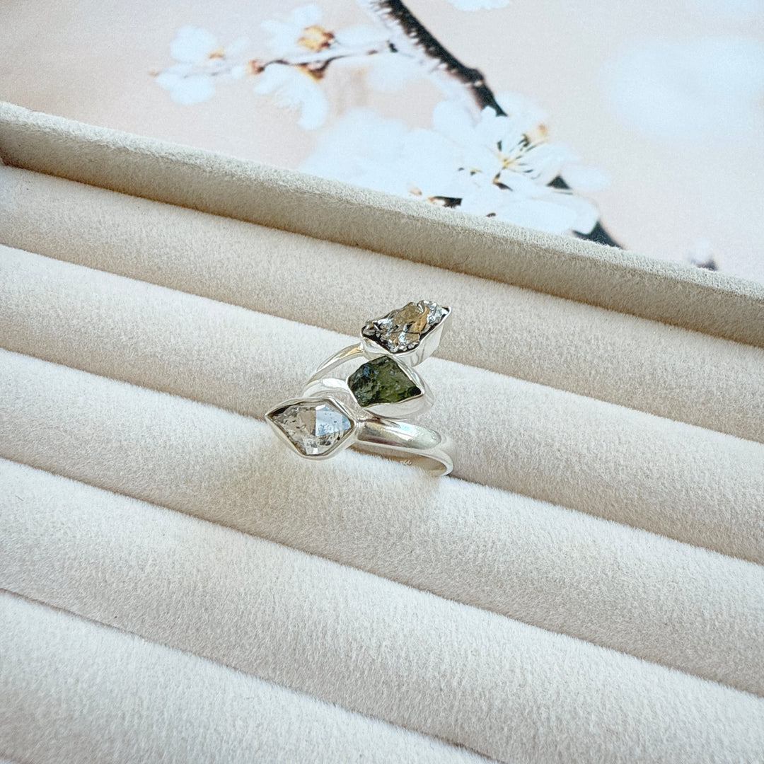 MOLDAVITE, HERKIMER DIAMOND & CAMPO DEL CIELO RING