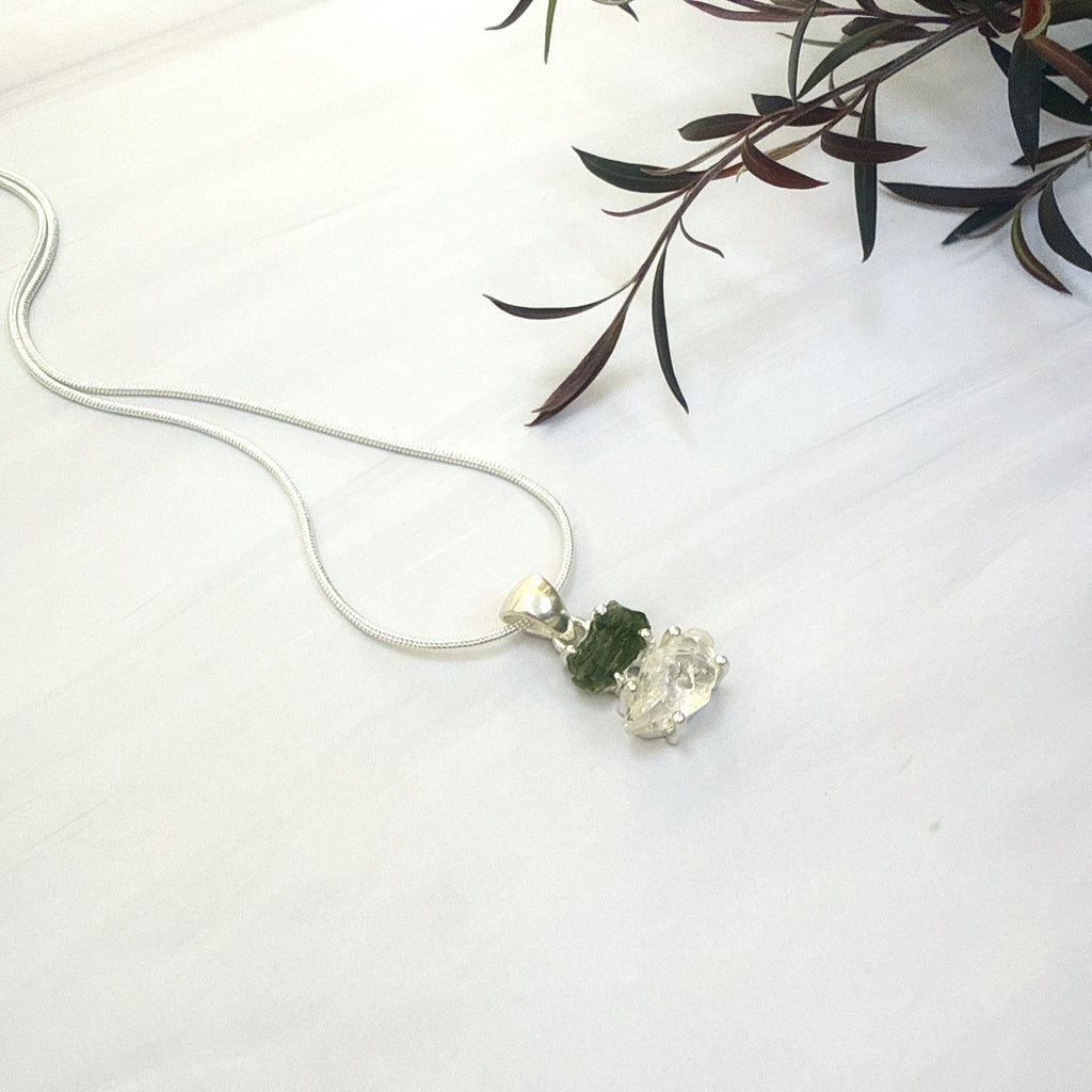Moldavite with Herkimer Diamond Pendant
