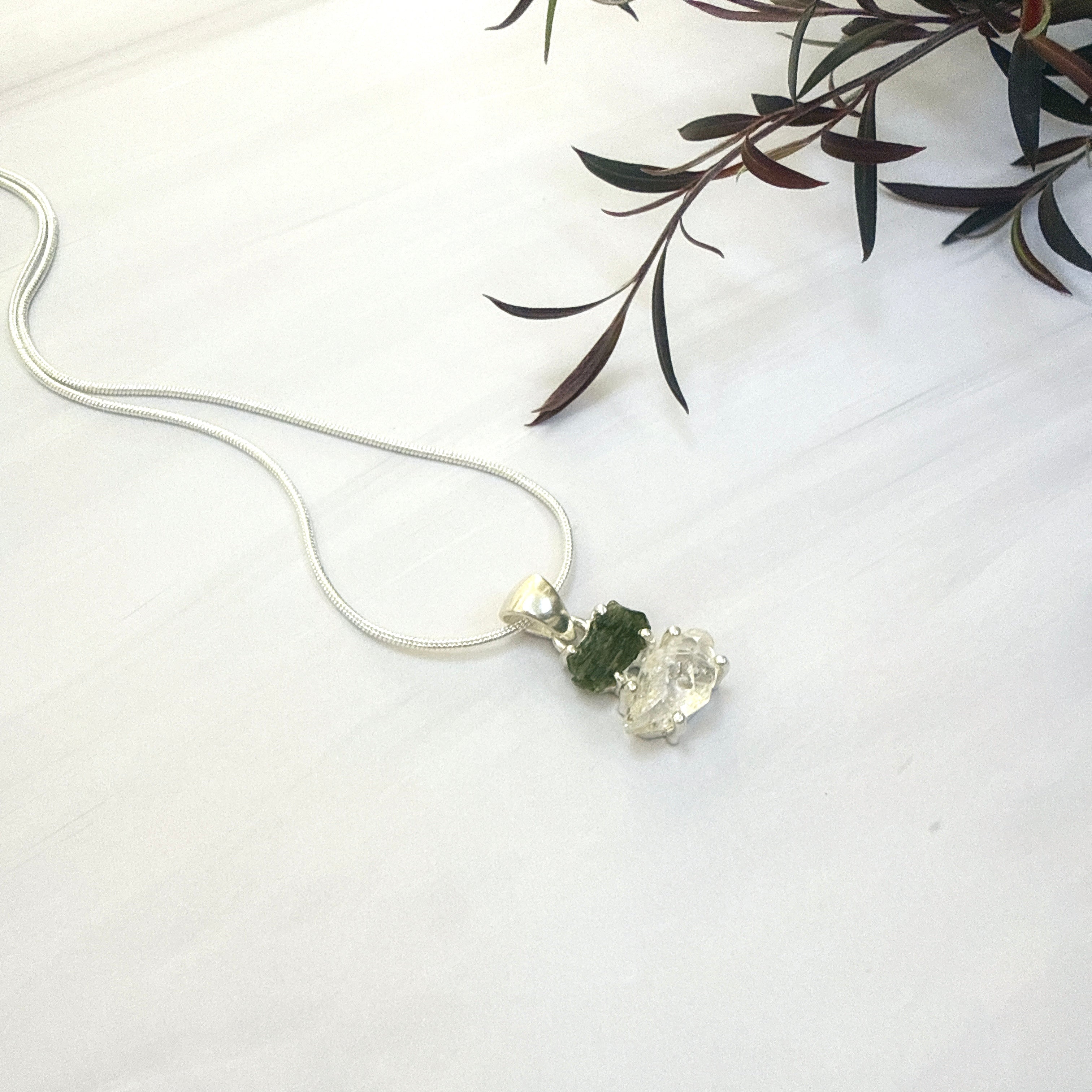 Moldavite with Herkimer Diamond Pendant