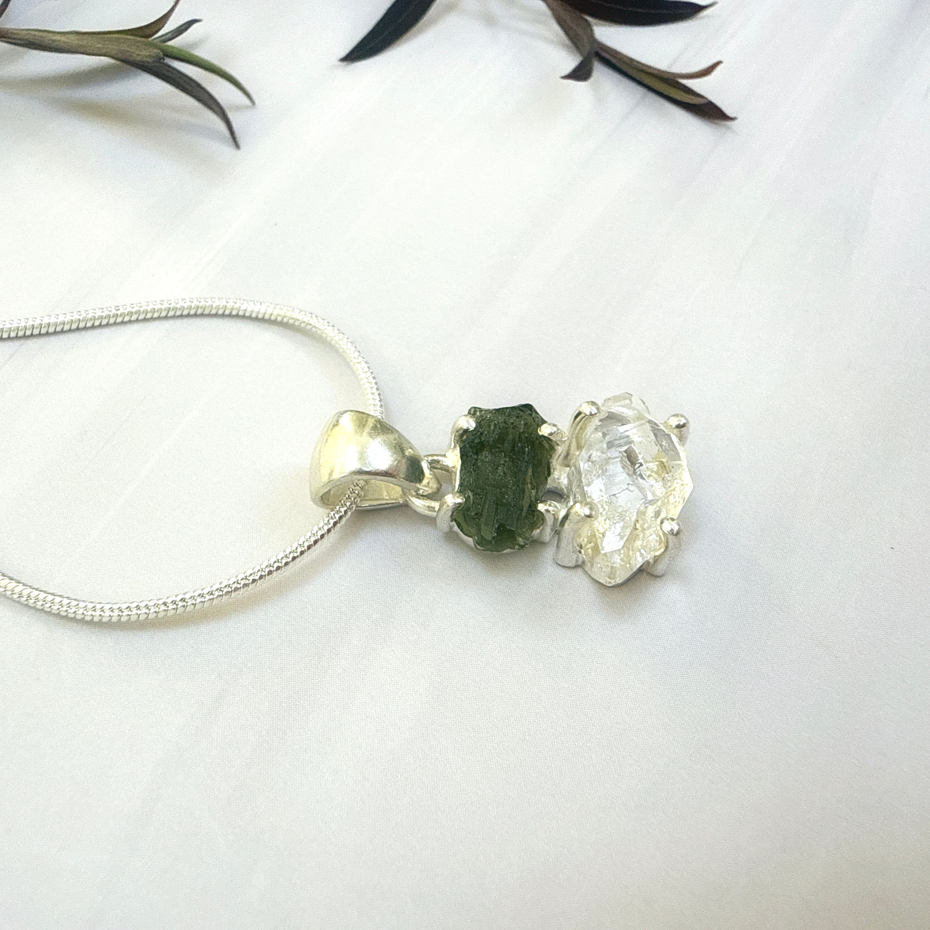 Moldavite with Herkimer Diamond Pendant