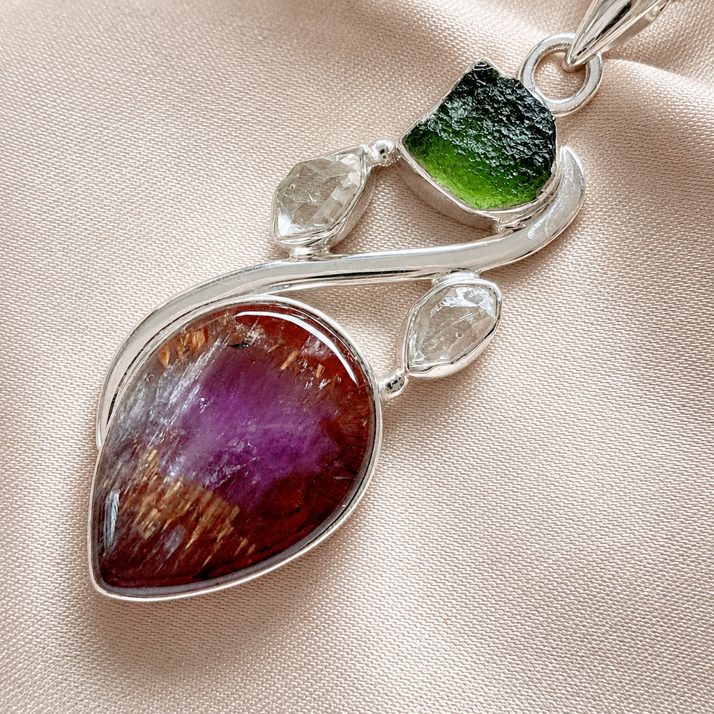 Designer – Super Seven Cacoxenite, Moldavite & Herkimer Diamond Pendant