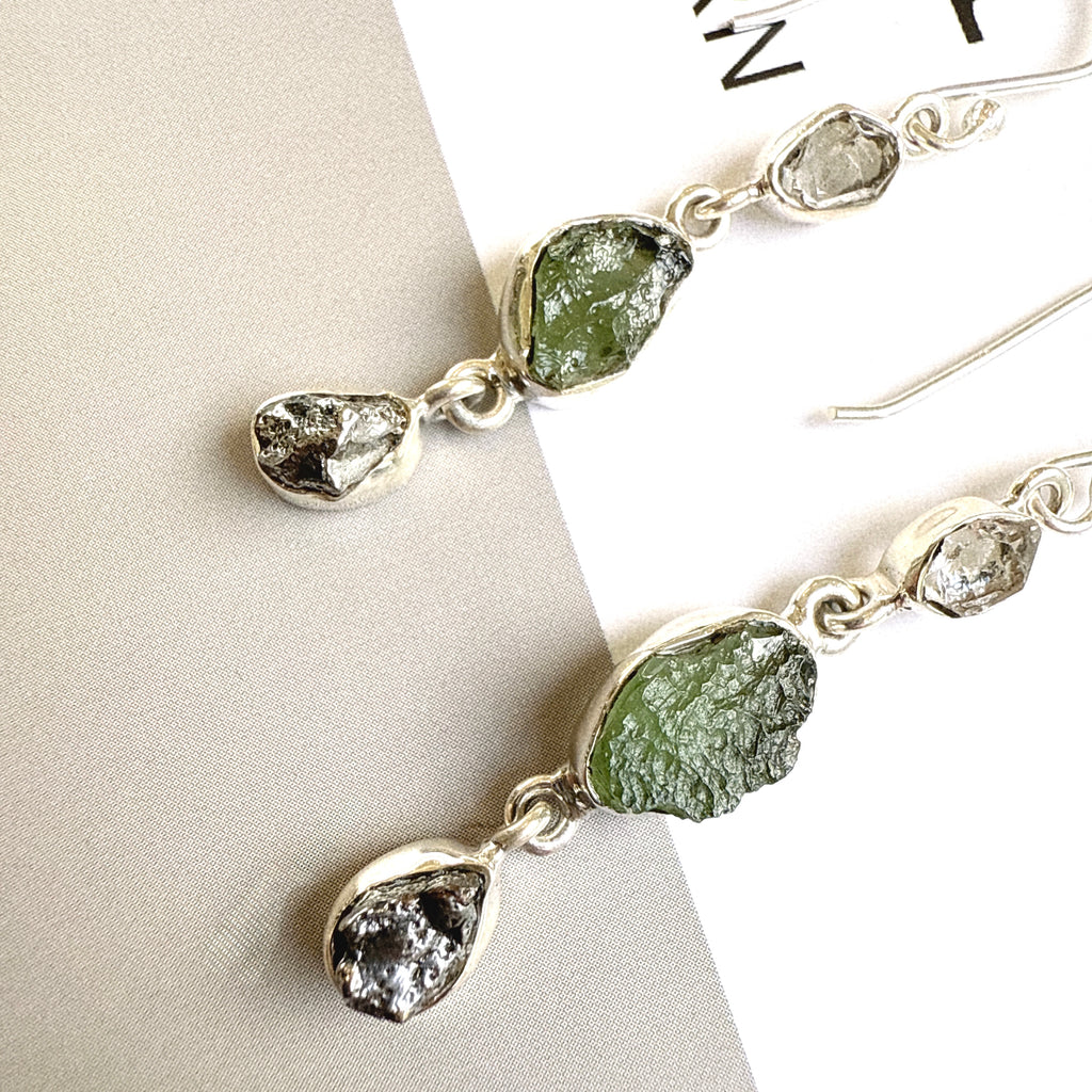 Moldavite, Campo Del Cielo & Herkimer Diamond Earrings