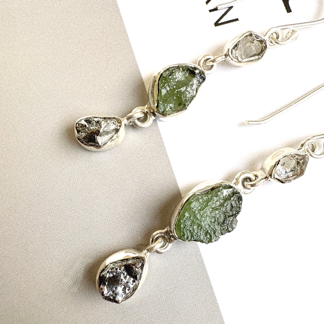 Moldavite, Campo Del Cielo & Herkimer Diamond Earrings