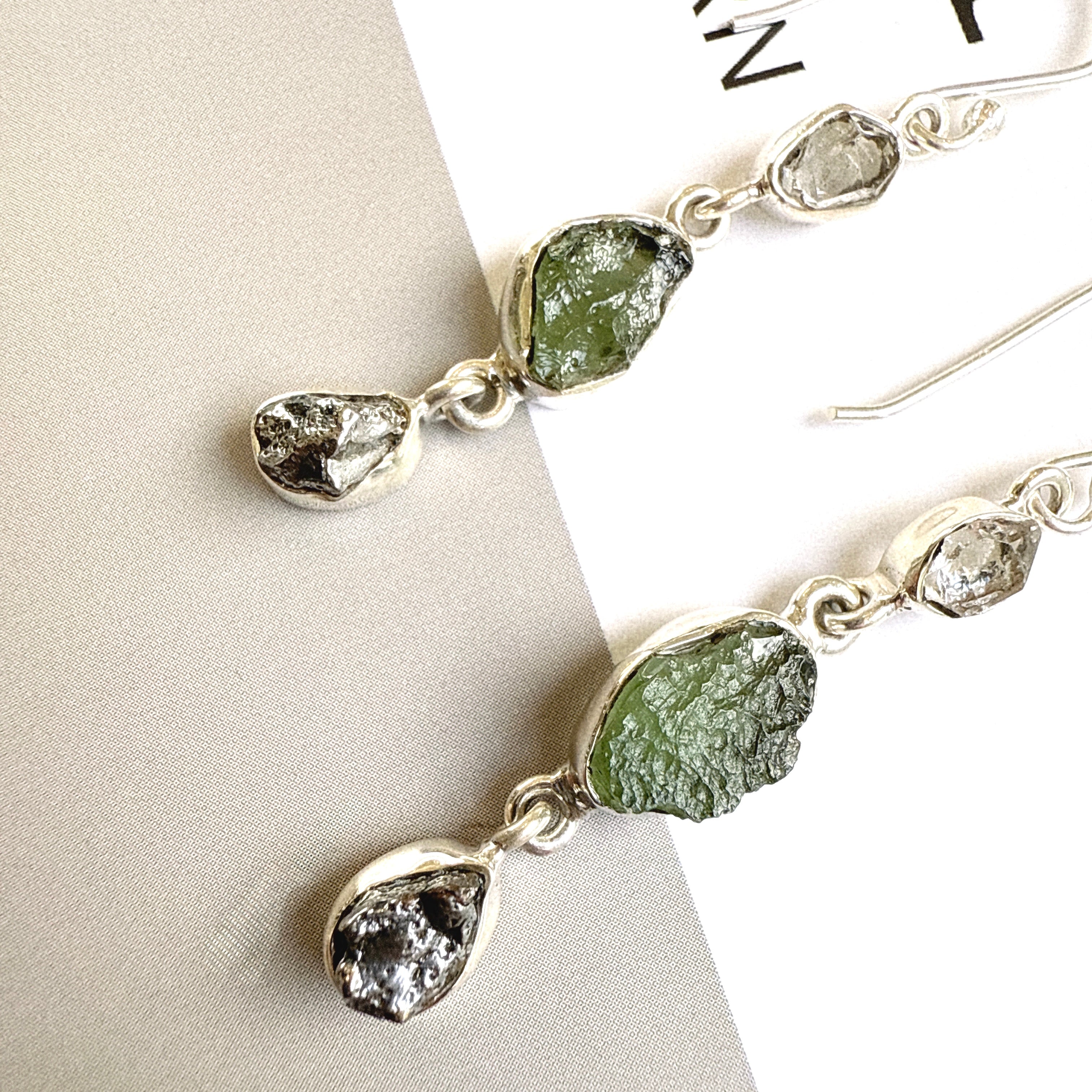 Moldavite, Campo Del Cielo & Herkimer Diamond Earrings