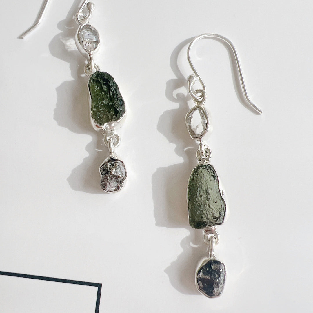 Moldavite, Campo del Cielo & Herkimer Diamond Earrings