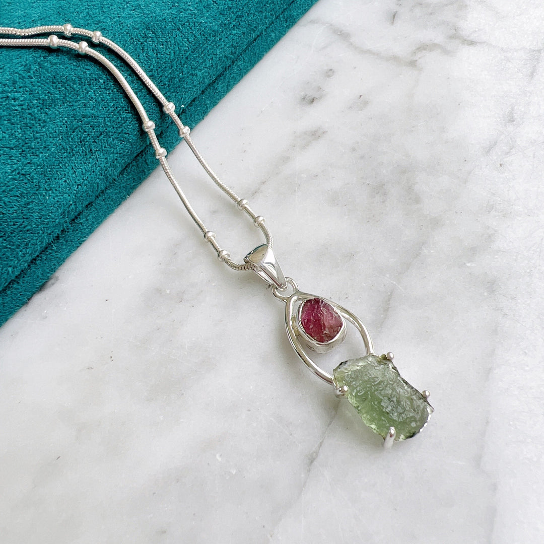 Moldavite & Pink Tourmaline Pendant
