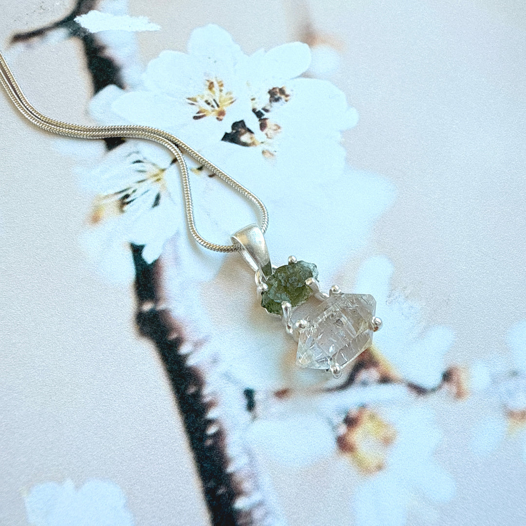 MOLDAVITE & HERKEMIER DIAMOND PENDANT