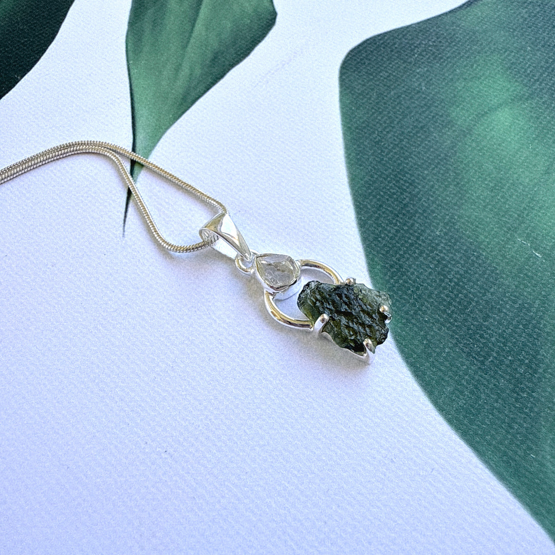Moldavite & Herkimer Pendant