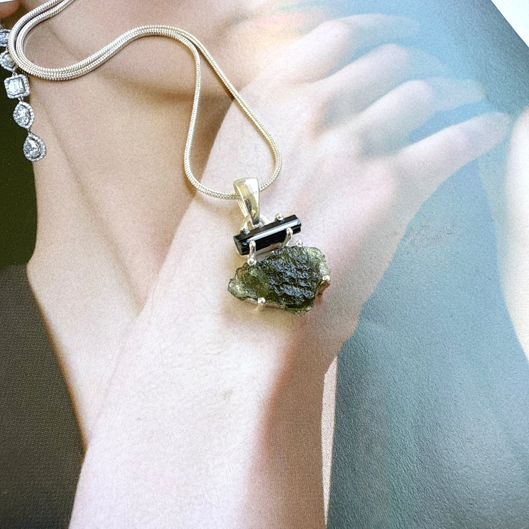 MOLDAVITE & BLACK TOURMALINE PENDANT