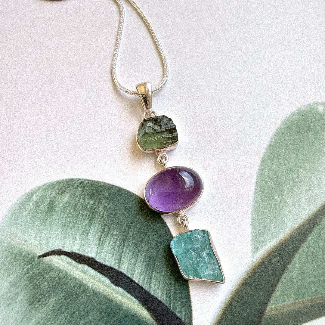 Moldavite, Amethyst & Neon Blue Apatite Pendant