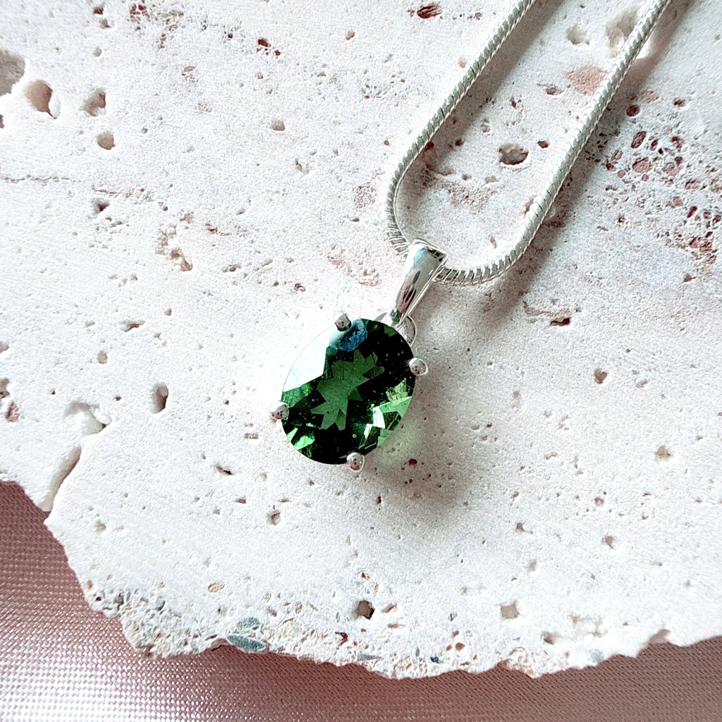 Moldavite Faceted Silver Pendant